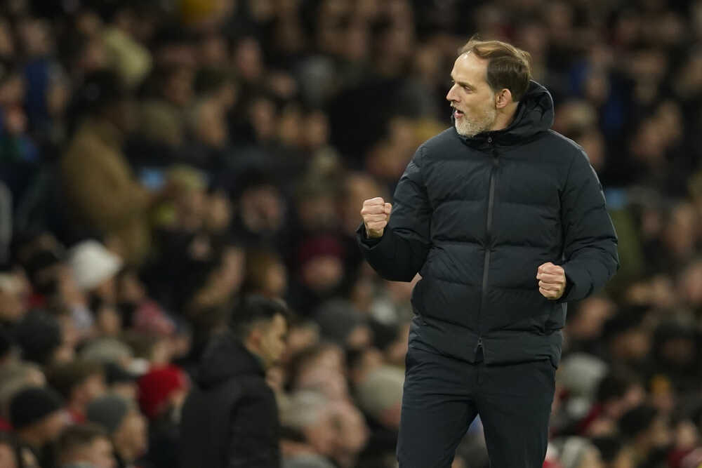 Tréner Bayernu Mníchov Thomas Tuchel sa teší z gólu, ktorý strelil Kingsley Coman.